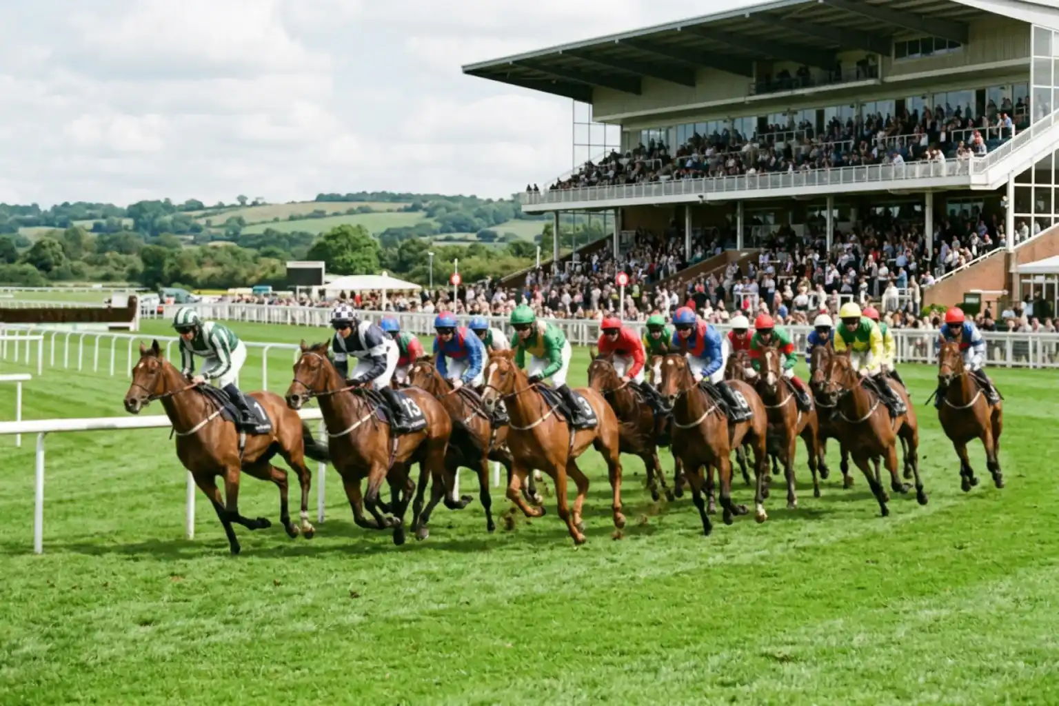 Large field of horses racing closely together in a competitive UK handicap race on a flat turf course